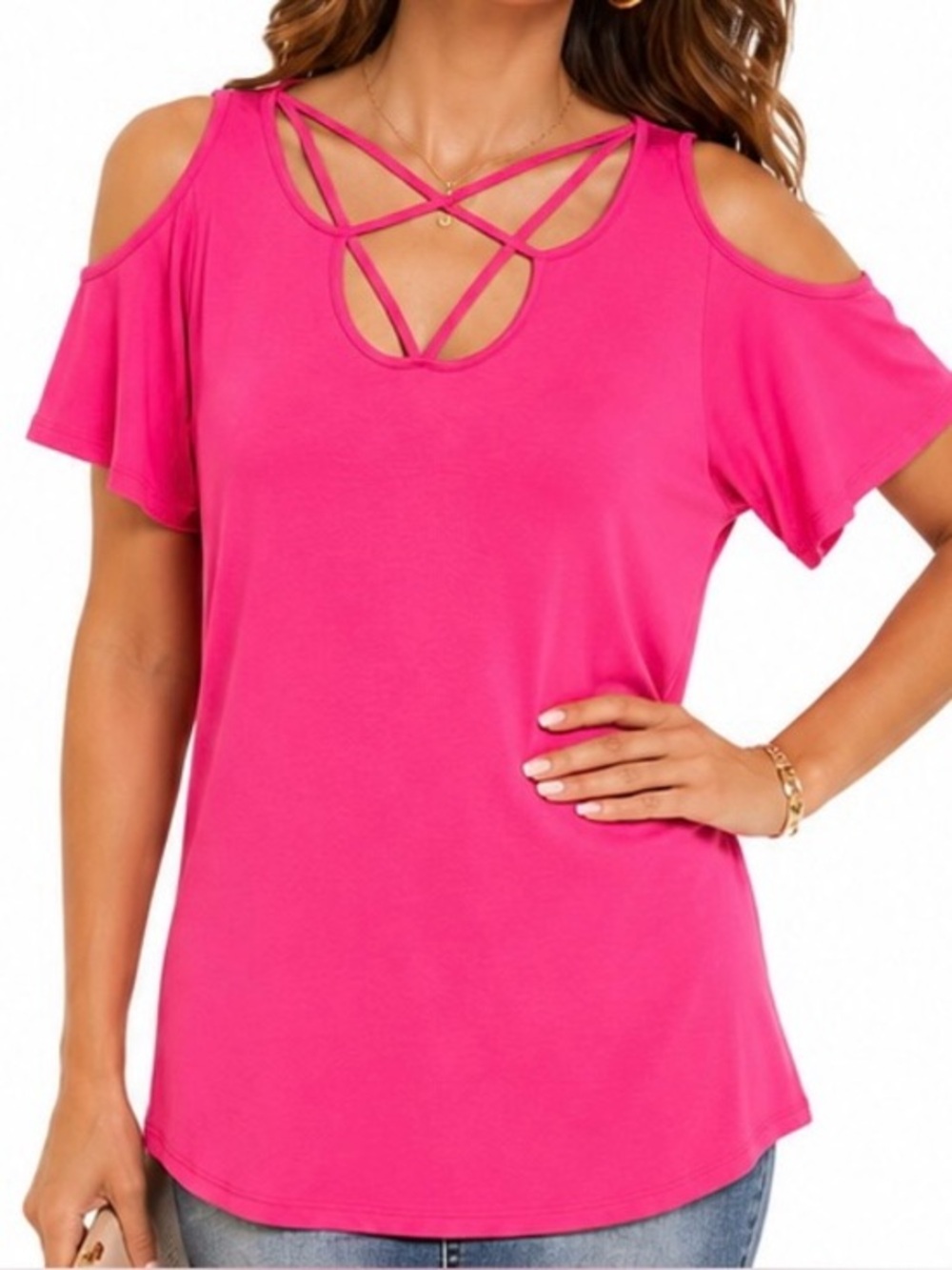 VENUS Pink Criss-Cross Neck Cold Shoulder Short Sleeve Top Medium